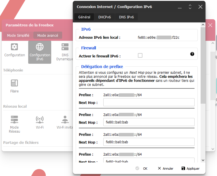 Configuration IPv6 de la freebox